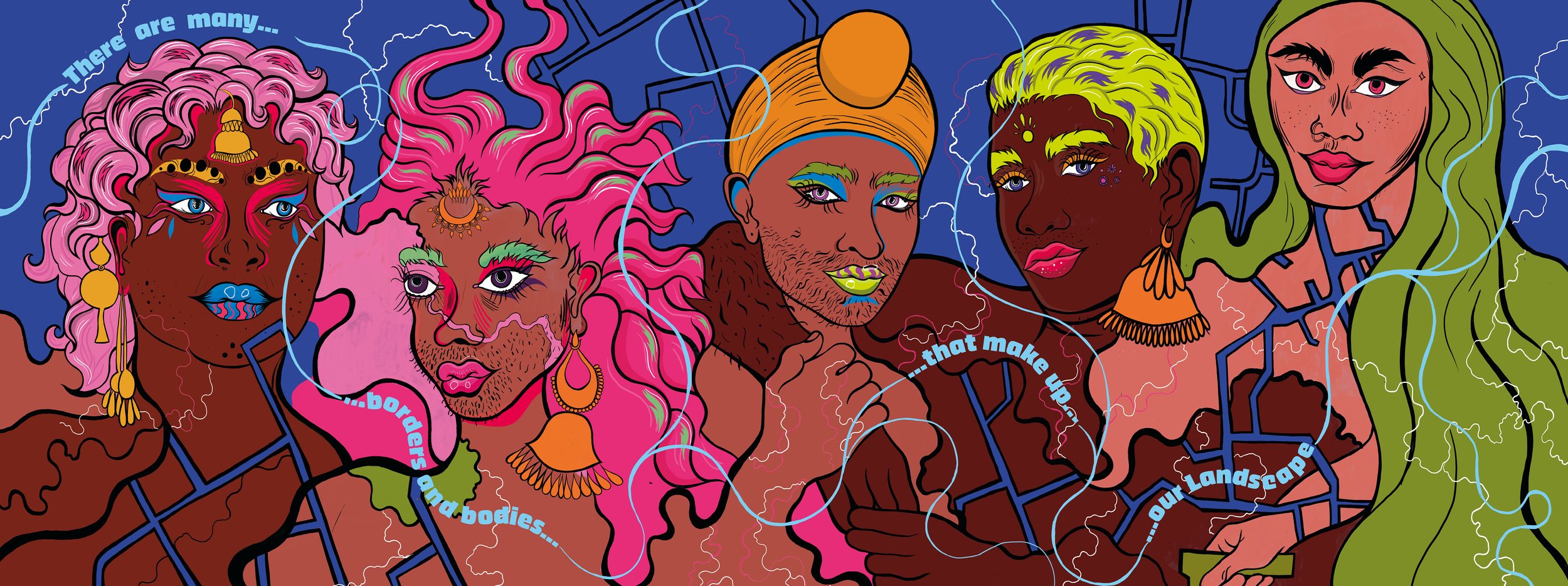 'Borders And Bodies'
Artist: Aaran Sian
This is us, the Queer and Trans South Asian Diaspora. We exist. Distinct but interconnected, we hold space for the different races, identities, faiths and cultures that make up our community. We consist of