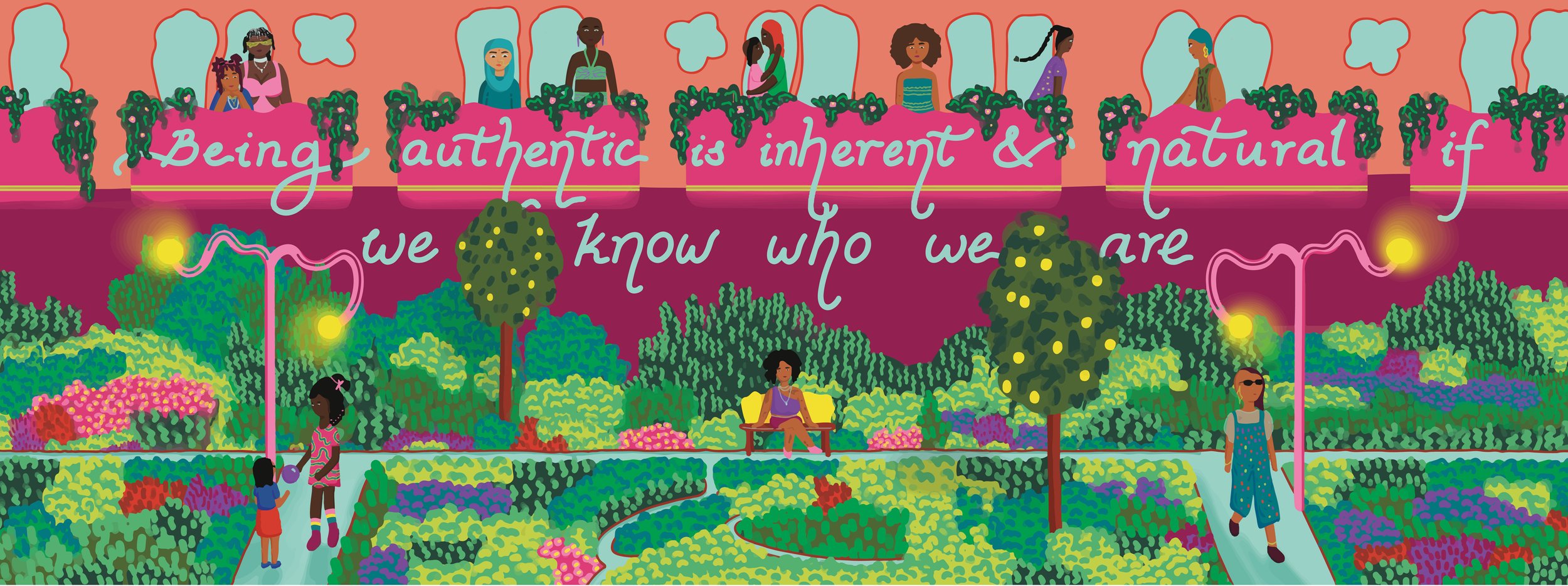 Inclusive neighbourhoods
Artist: Sarith Ratnayake
We imagine cities and neighbourhoods where we can exist as ourselves, a safe haven surrounded by nature. Where Queer and Trans South Asians can exist safely and freely - with agency over our own s