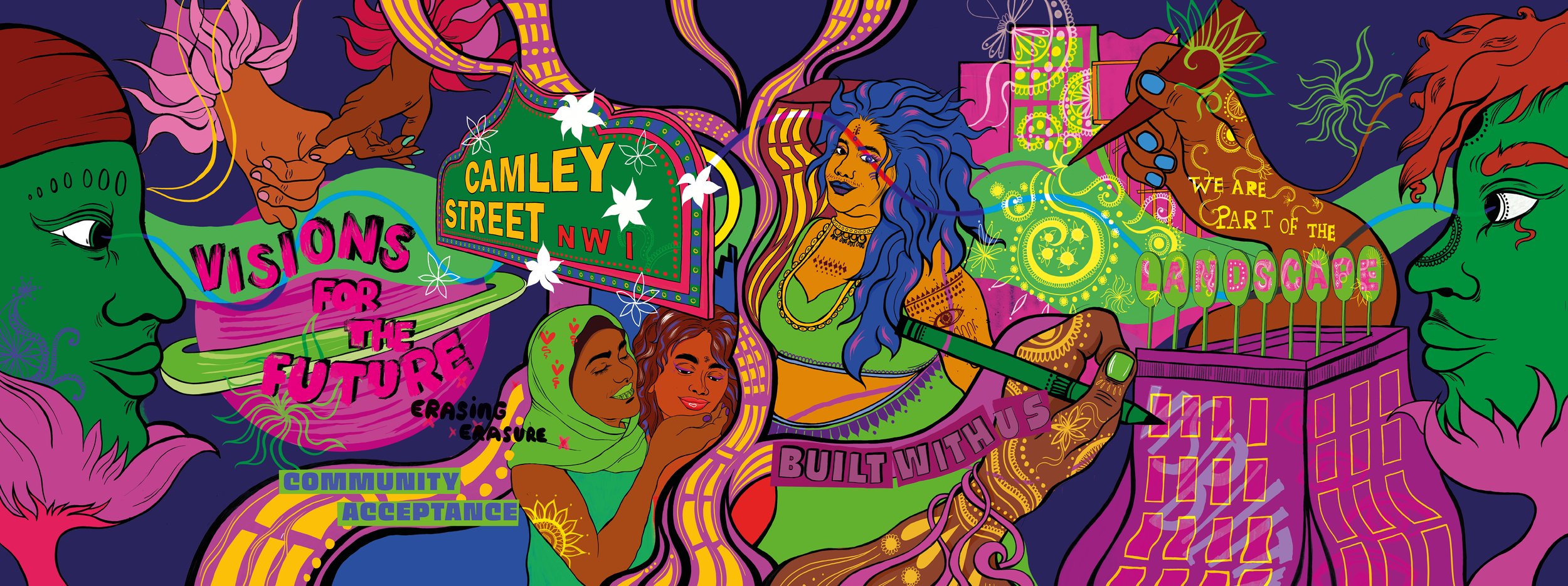 Our Visions for the Future
Artist: Aaran Sian
Lets build a future together that celebrates us, where we are visibly part of the landscape. A city that centres queerness, transness and other intersectional experiences. Where queer joy of all races