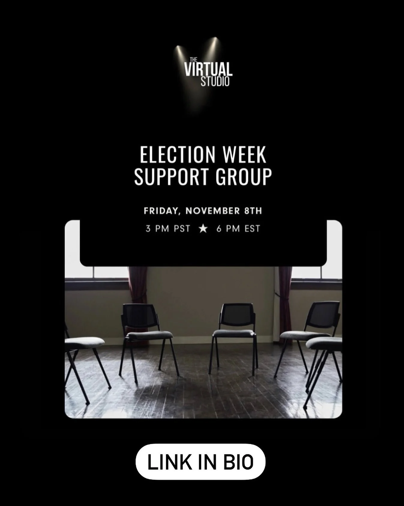 MORE INFO &darr;

🪑 FREE Election Week Support Group
📆 Friday, November 8th
⏰ 3 pm PST // 6 pm EST
💻 The Virtual Studio (Zoom)
✍️ Link in bio to sign up 

Tune in when you can, from wherever you can. 
Hope to see you there ❤︎

#traumainformed #com