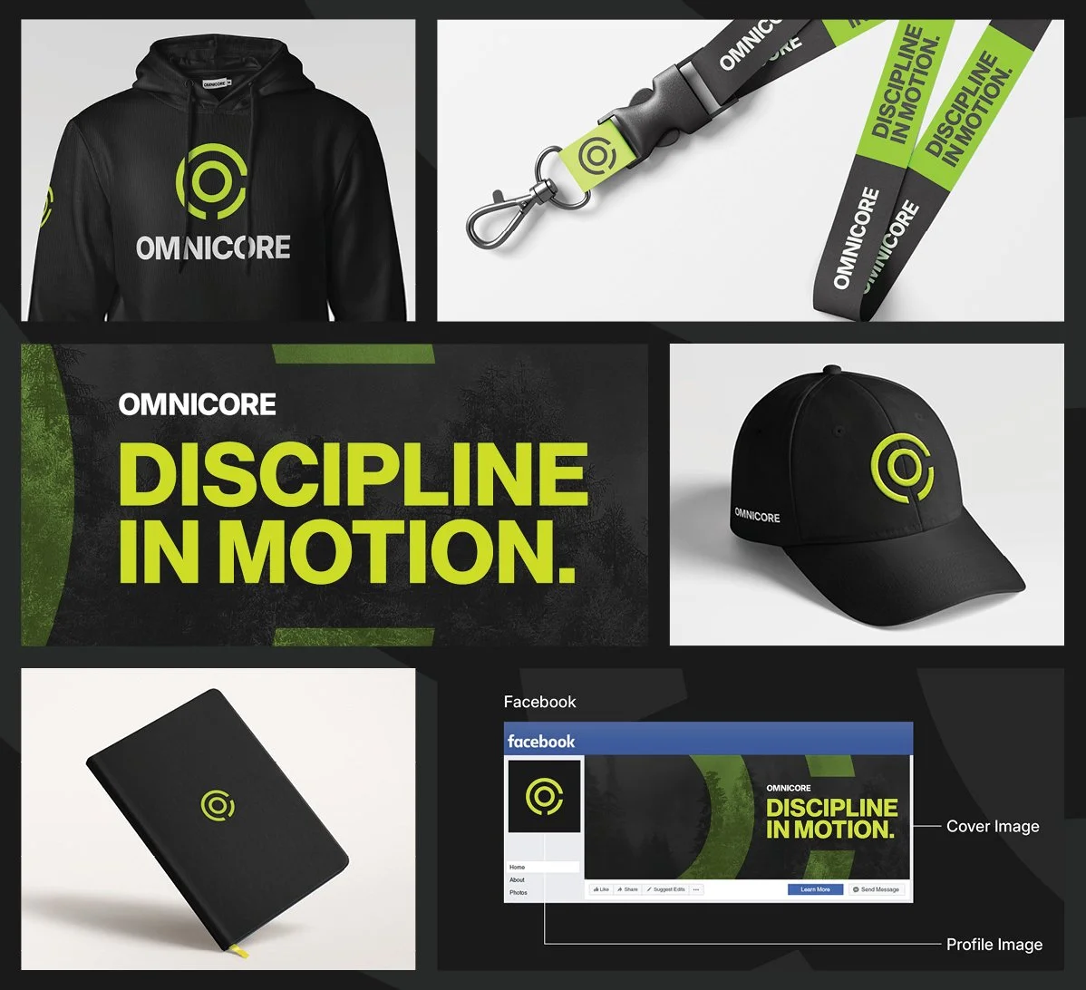Collection of OMNCORE branded merchandise including a black hoodie, a black cap, a black notebook with logo, a lanyard, and a keychain, with a promotional poster and a Facebook cover image emphasizing the slogan "Discipline in Motion" in neon green and black.
