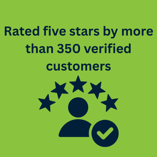 Green background with text stating 'Rated five stars by more than 350 verified customers' and an icon of a person with a checkmark.