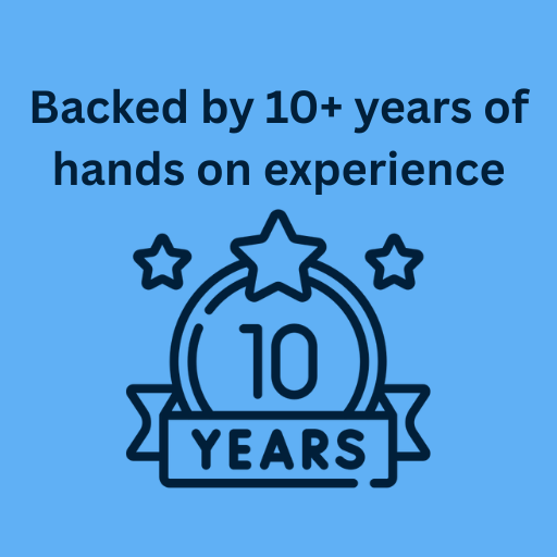 Blue background with black text stating "Backed by 10+ years of hands on experience" and a graphic of a medal with '10 years' written inside, edged with stars.