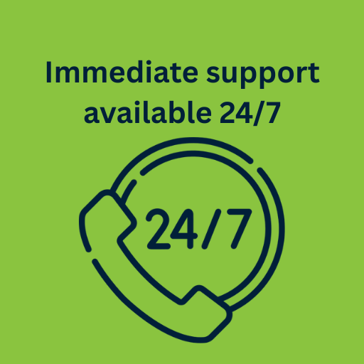 Green background with text 'Immediate support available 24/7' and a phone icon with '24/7' inside it.