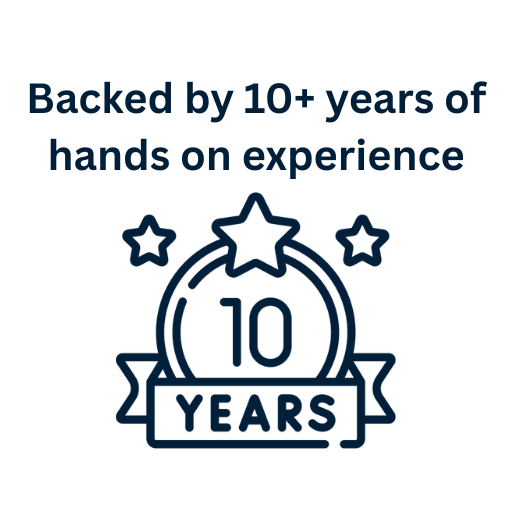 Illustration with text "Backed by 10+ years of hands-on experience" and a badge with "10 YEARS" surrounded by stars.