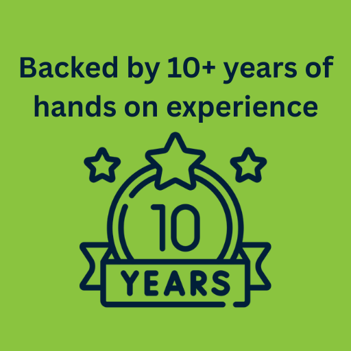 Green background with text indicating 10+ years of hands-on experience, including a badge-style graphic with a star and the number 10, and additional stars.