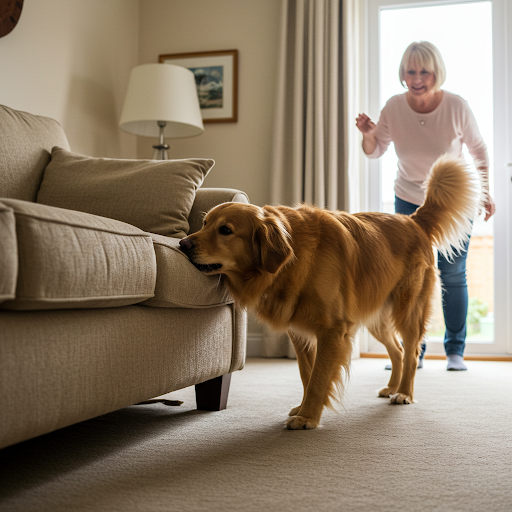 SHOT 3
“Milo roams the living room, sniffing furniture.
He attempts to nibble a couch cushion corner, tail wagging mischievously. Maggie calls his name, and he looks up, caught in the act.”