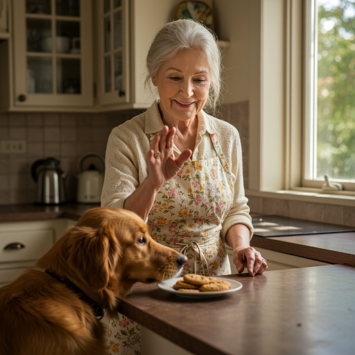 SHOT 3
Behind her, Milo quietly noses the edge of her plate, trying to sneak a crumb. Maggie notices and gently shoos him away.”