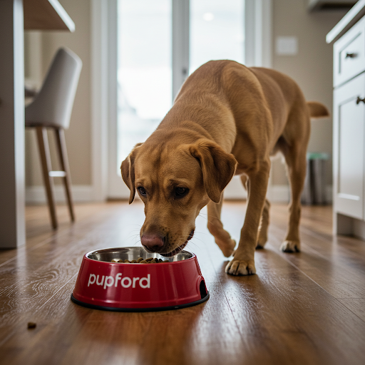 SHOT 19
Wide shot: Milo jumps down from the table, wagging his tail.
He trots over to his Pupford food bowl instead, crunching happily.