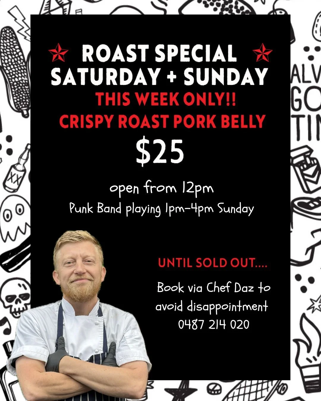 The rumours are true....
Chef Daz is firing up the legendary roast this weekend - Saturday &amp; Sunday only.

Crispy Roast Pork Belly. Golden potatoes. Proper gravy. Big comfort energy.

They sell out every time.
Text Daz to reserve a plate: 0487 21