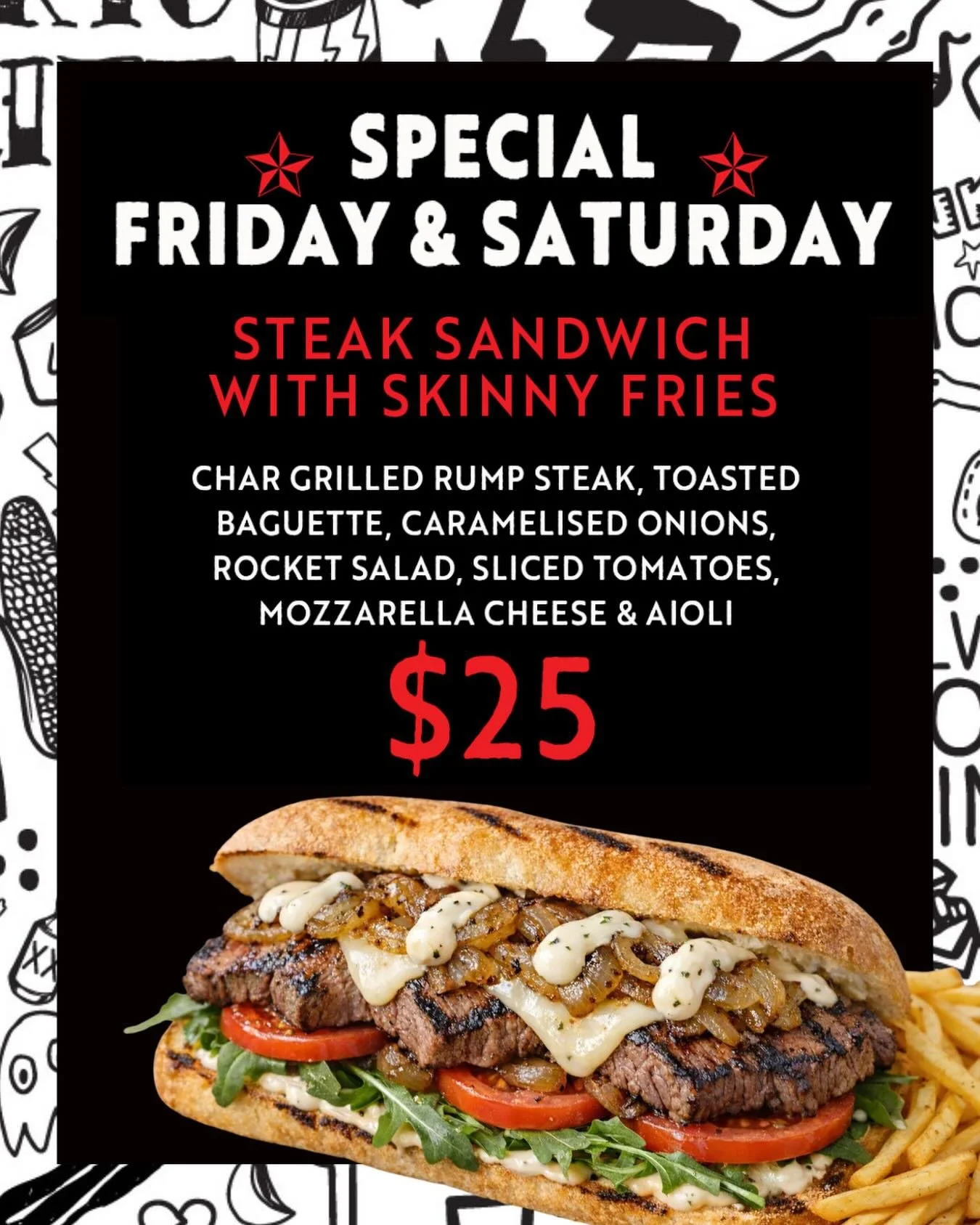 Steak night&hellip; but make it handheld. 🔥

Char-grilled rump, melty mozzarella, caramelised onions doing their thing&hellip; all packed into a toasted baguette with skinny fries on the side.

Now add a cold beer or a crisp glass of wine and you&rs