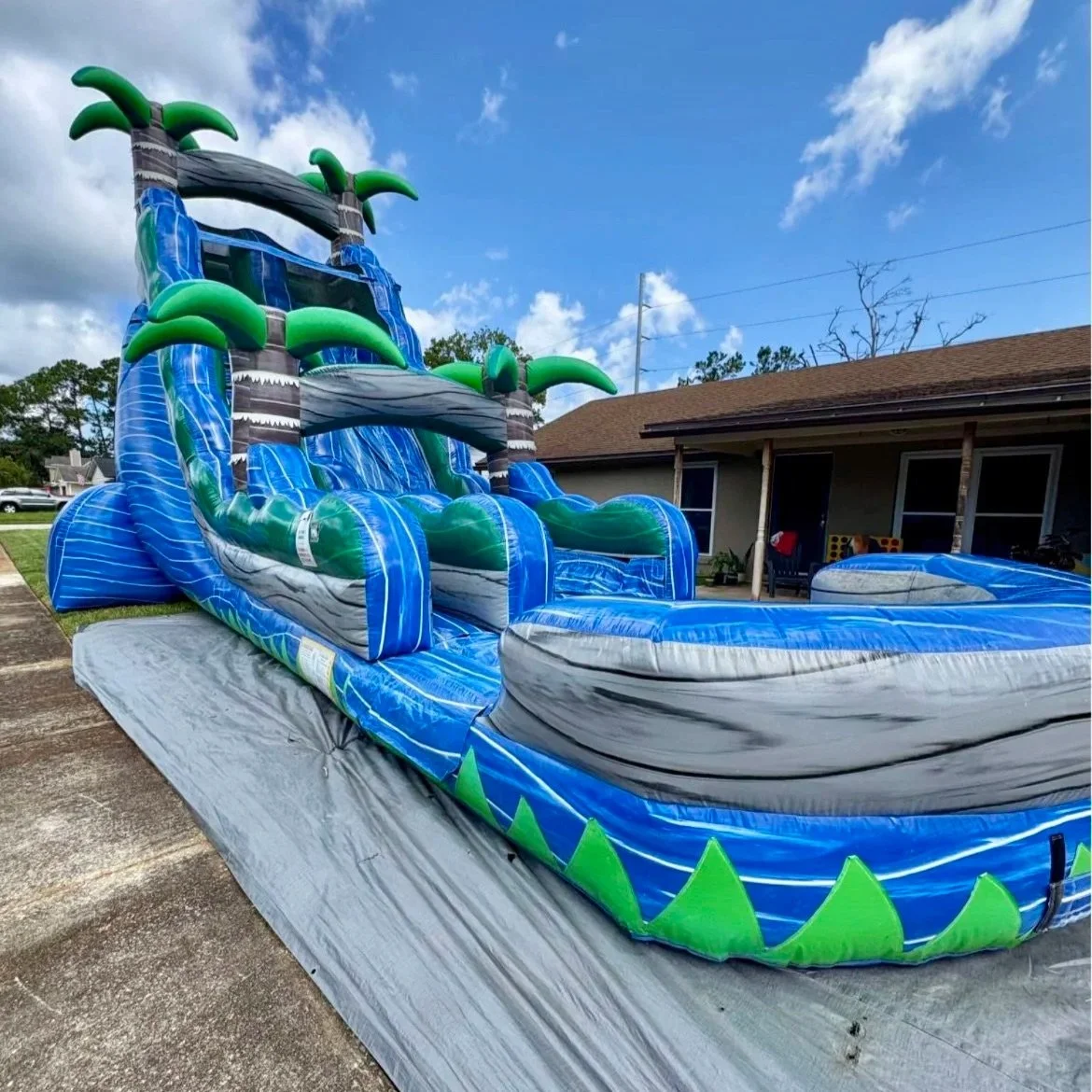 River Rush 22ft waterslide set up in a residential backyard in Brunswick, GA, featuring a tall tropical design, fast slide lane, and oversized splash pool for summer parties.