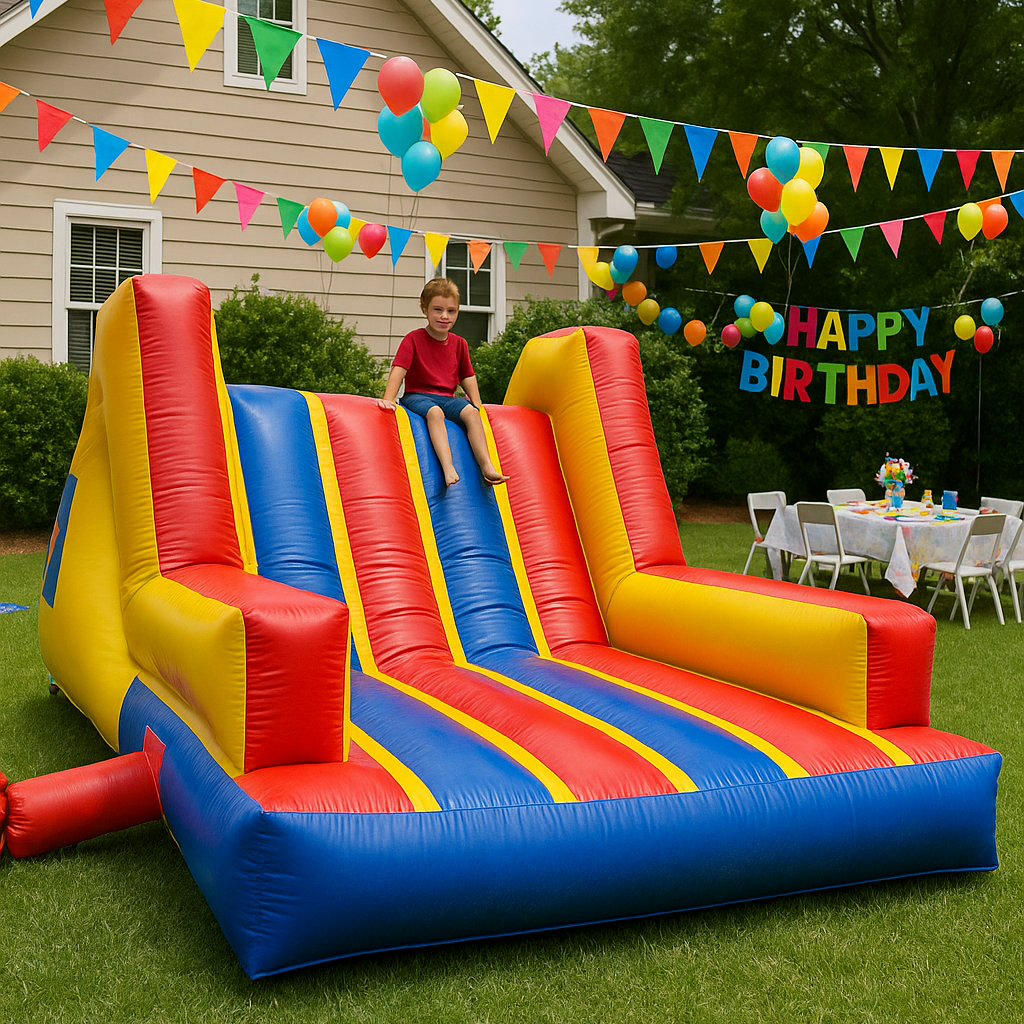 Side-by-side inflatable race course for kids featuring rope challenges and slides, available from Bounce Brunswick.