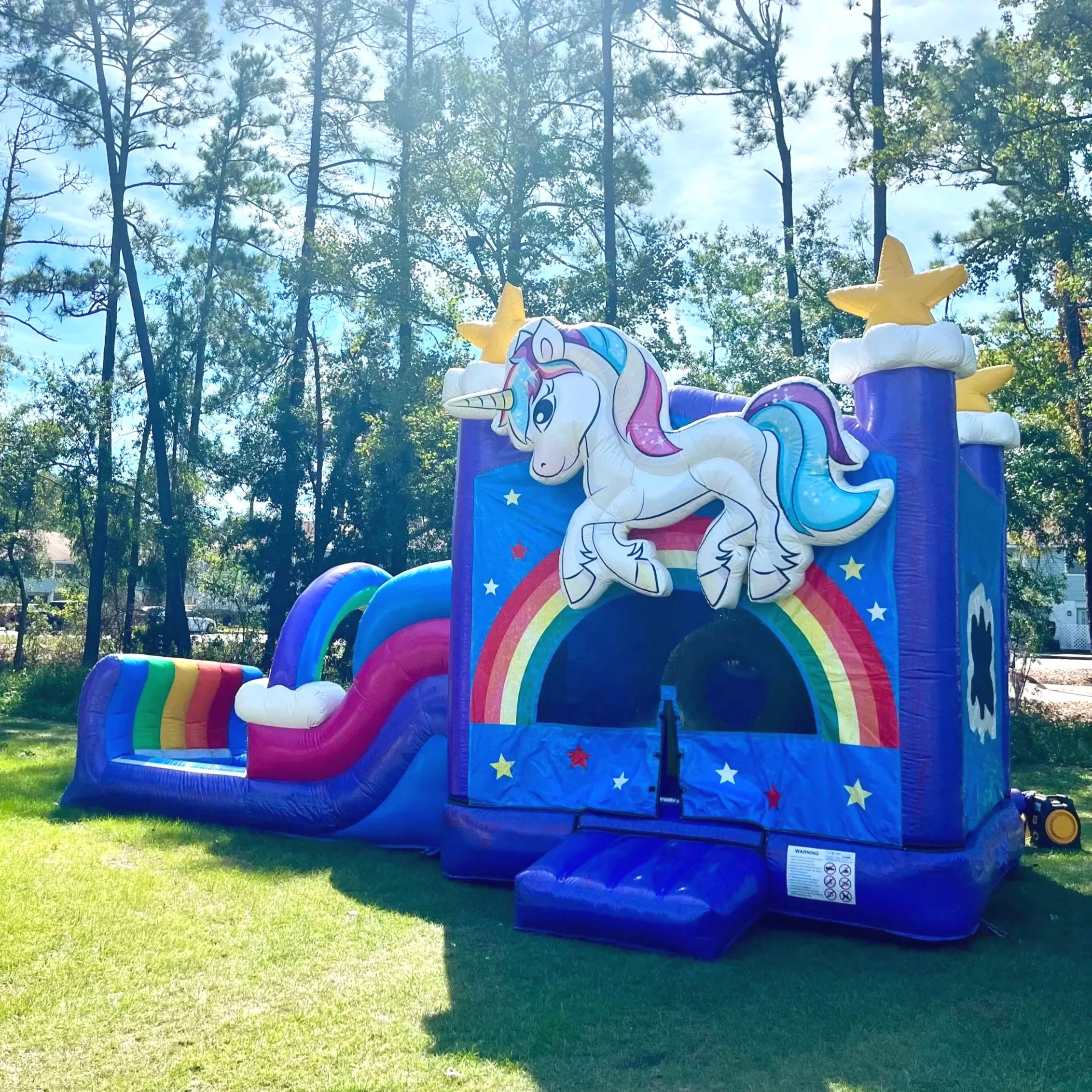 Unicorn Playland bounce house combo rental from Bounce Brunswick, ideal for toddler and mixed-age parties.
