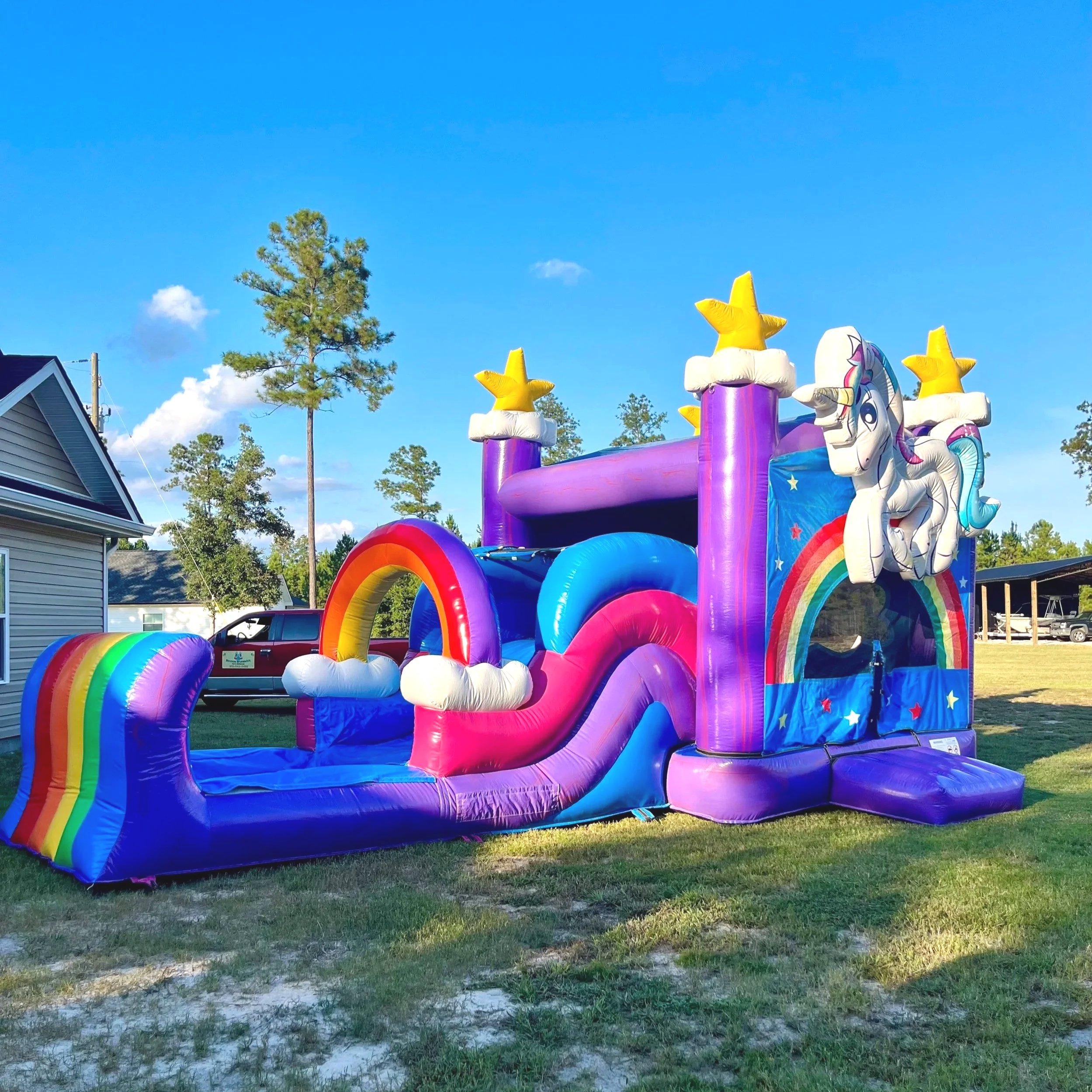 Unicorn Playland inflatable party rental designed for imaginative play, birthdays, and just-for-fun play days.