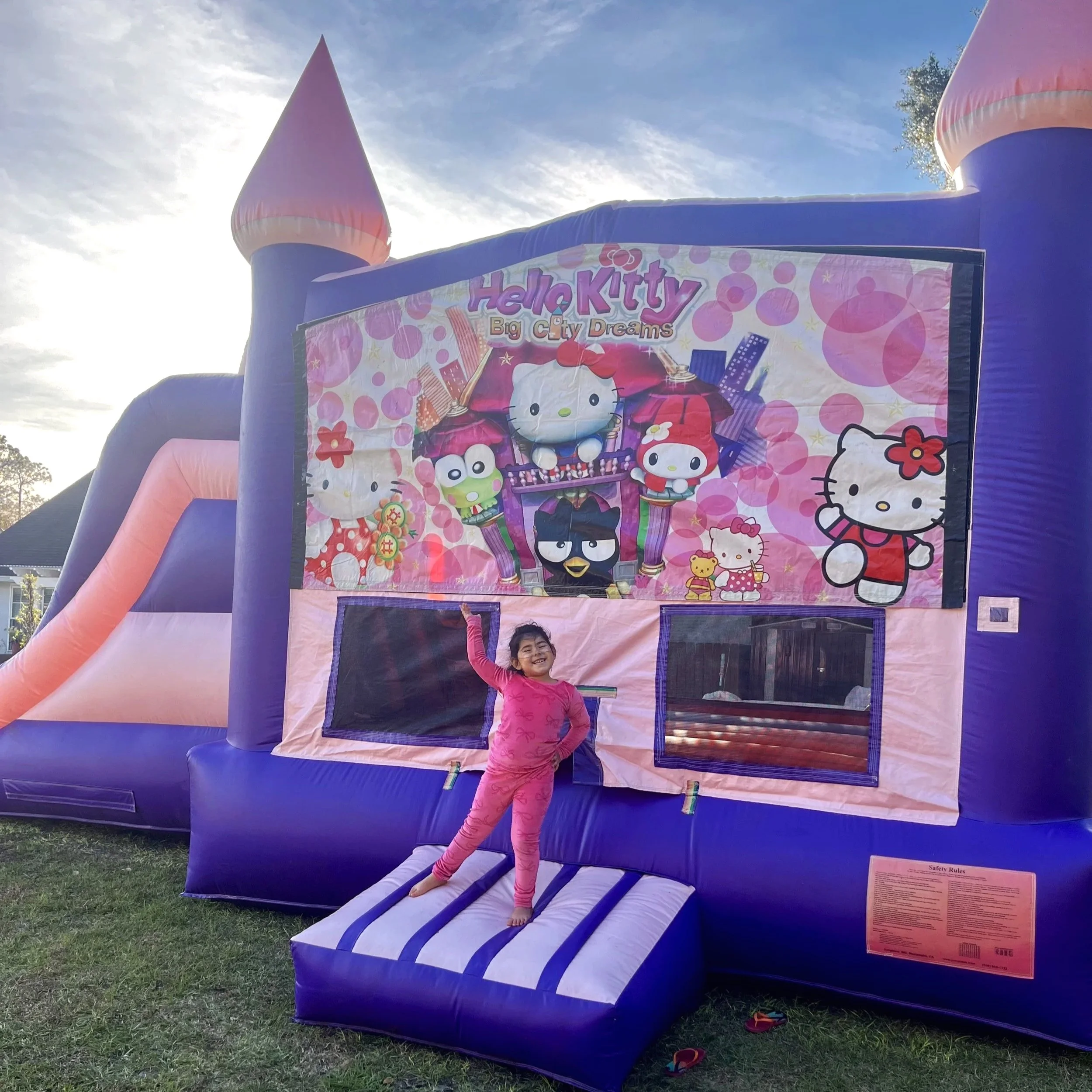Pink castle-style bounce house with slide set up in a residential backyard in Brunswick, GA. Kitty Castle bounce and slide combo rental by Bounce Brunswick, perfect for kids’ birthday parties and family events.