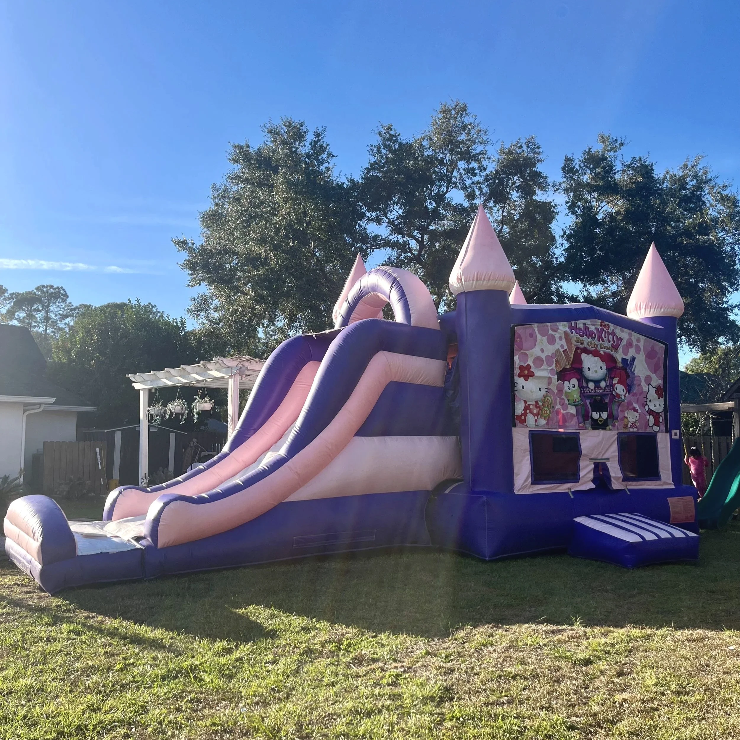 Side view of a pink and blue castle bounce house featuring a built-in slide, installed on grass for a children’s party. Kitty Castle inflatable rental in Brunswick, Georgia by Bounce Brunswick.