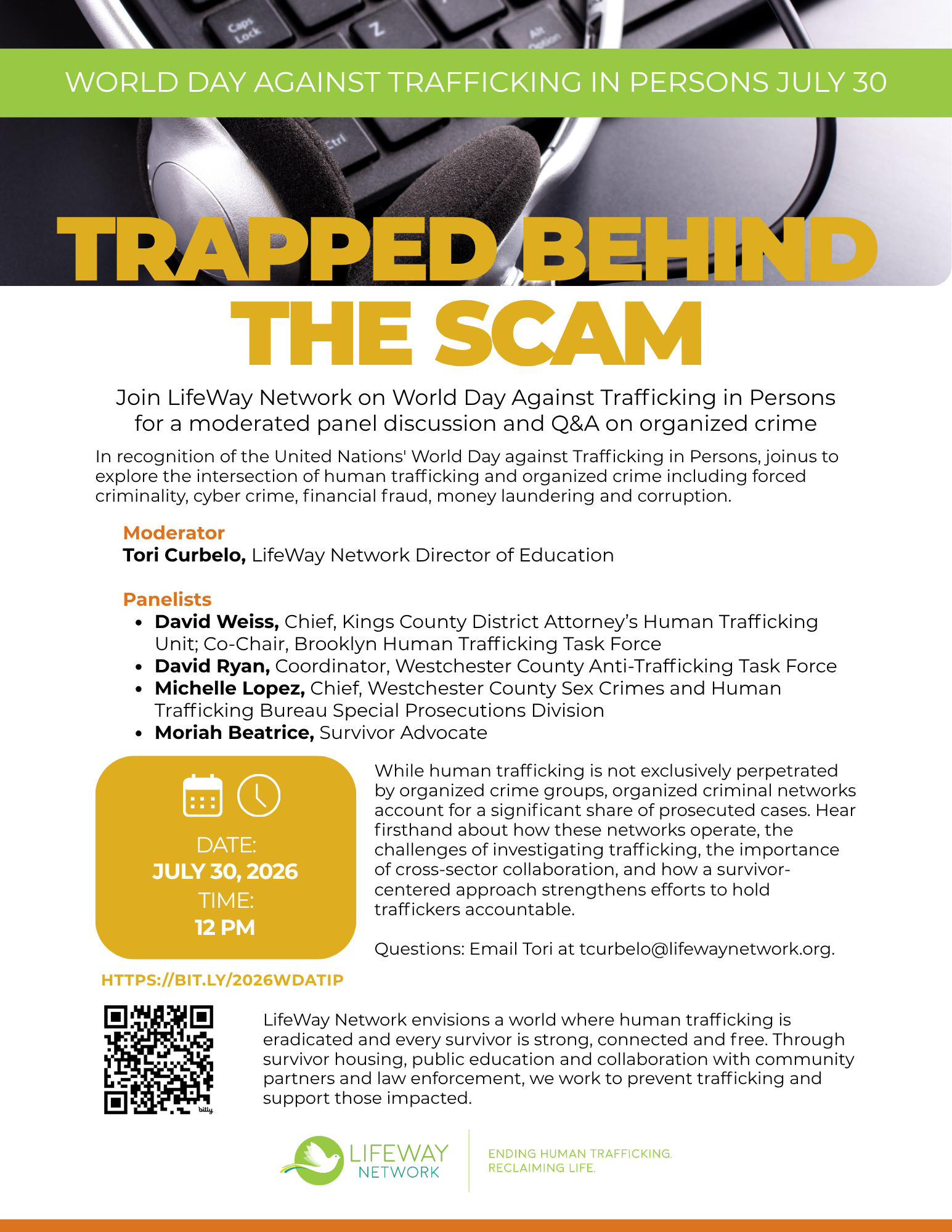 Flyer for World Day Against Trafficking in Persons on July 30, 2026, featuring a close-up of a headset and keyboard, details of the event including moderator, panelists, date, time, and registration URL, with a QR code at the bottom.