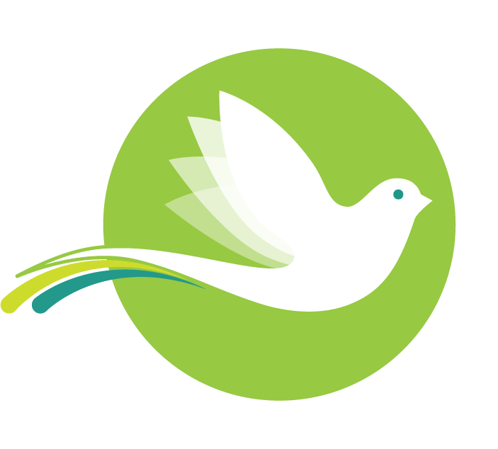 Stylized white dove with green and yellow tail feathers on a light green circular background.