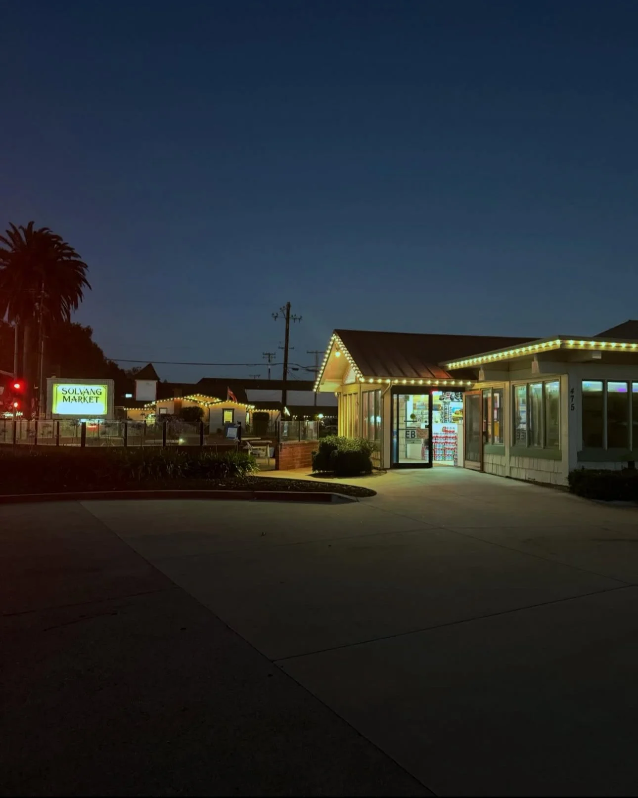 Decorative exterior lighting on a commercial building in Solvang. 