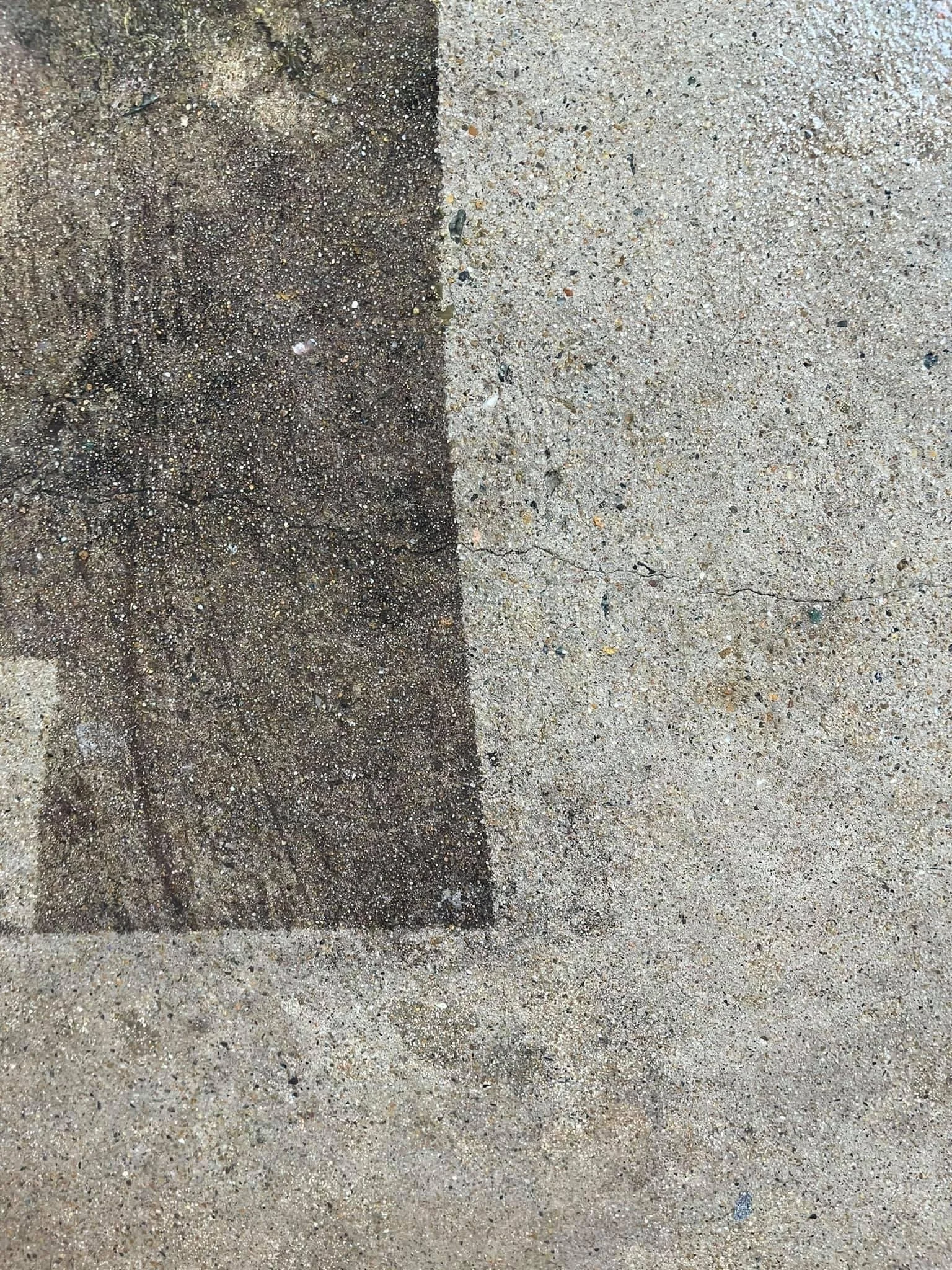 A concrete sidewalk with a rectangular section of darker, wet concrete that appears more worn or dirty.
