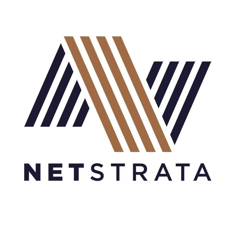 The image features a logo for Netstrata, comprising stylized lines forming the letter 'N' in black and brown colors, with the company name 'NETSTRATA' written below in uppercase black letters.