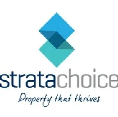 Logo of StratChoice, featuring two overlapping blue diamonds and the slogan 'Property that Ances.'