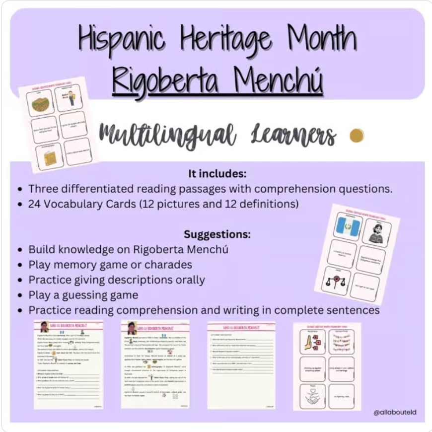 Rigoberta Menchu - Reading Comprehension - Hispanic Heritage Month - MLs