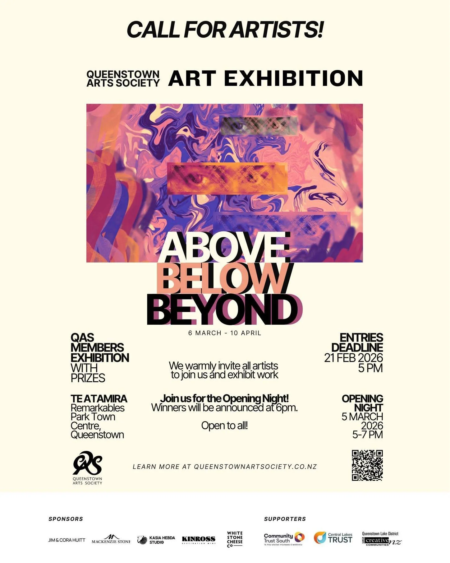 Flyer for an art exhibition call by Queenstown Arts Society titled 'Above, Below, Beyond' with abstract colorful background, details about the event dates, entry deadline, opening night, and participating artists.