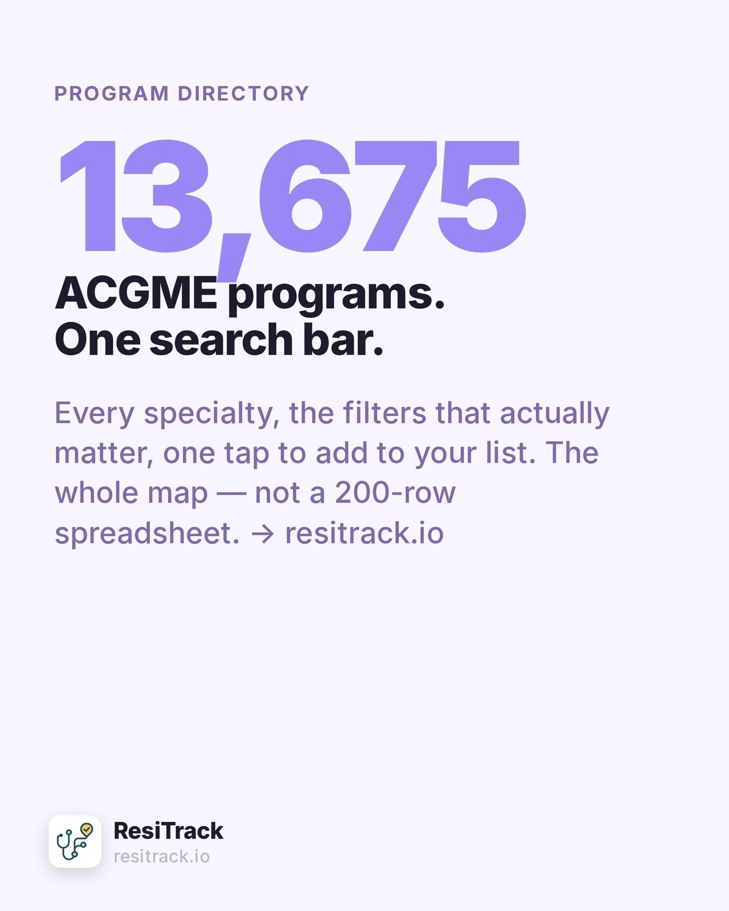 The AAMC gives you a clunky explorer. Reddit gives you a 200-row spreadsheet. So we built the directory that should exist: all 13,675 ACGME programs, filter by specialty and state, explore them on an interactive map, one tap to add to your list. 🗺️
