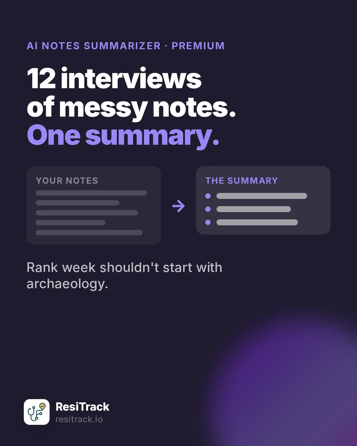 Twelve interviews. Twelve sets of half-legible notes. One week to rank. 📝

The AI Notes Summarizer reads everything you wrote and hands back the actual signal &mdash; what you liked, what worried you, what you said you&rsquo;d remember and didn&rsqu