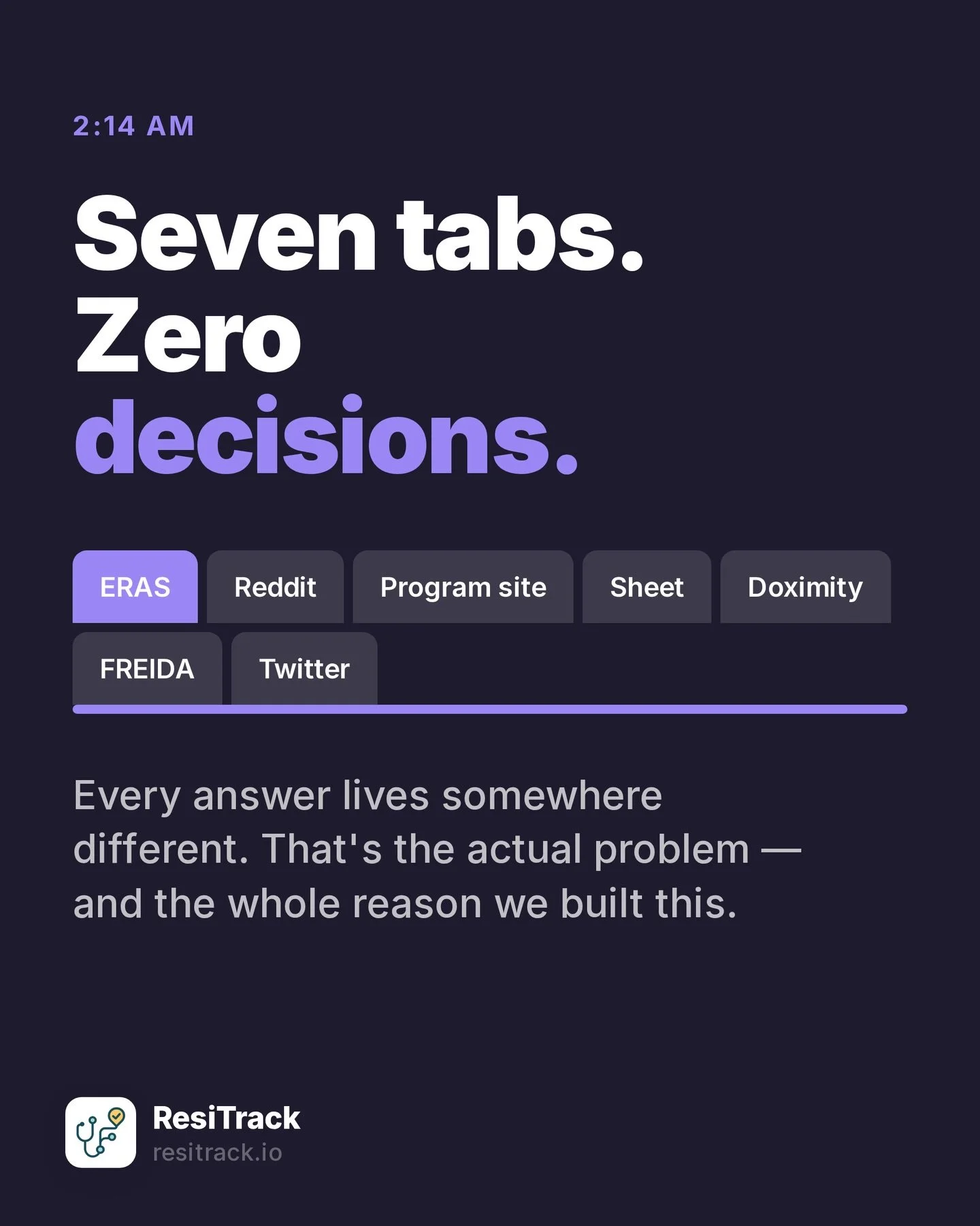 2:14am. Seven tabs. Zero decisions. Sound familiar? 🫠

ERAS in one, Reddit in another, three program sites, the spreadsheet, and a Twitter thread from 2023. The problem was never that you weren&rsquo;t working hard &mdash; it&rsquo;s that every answ