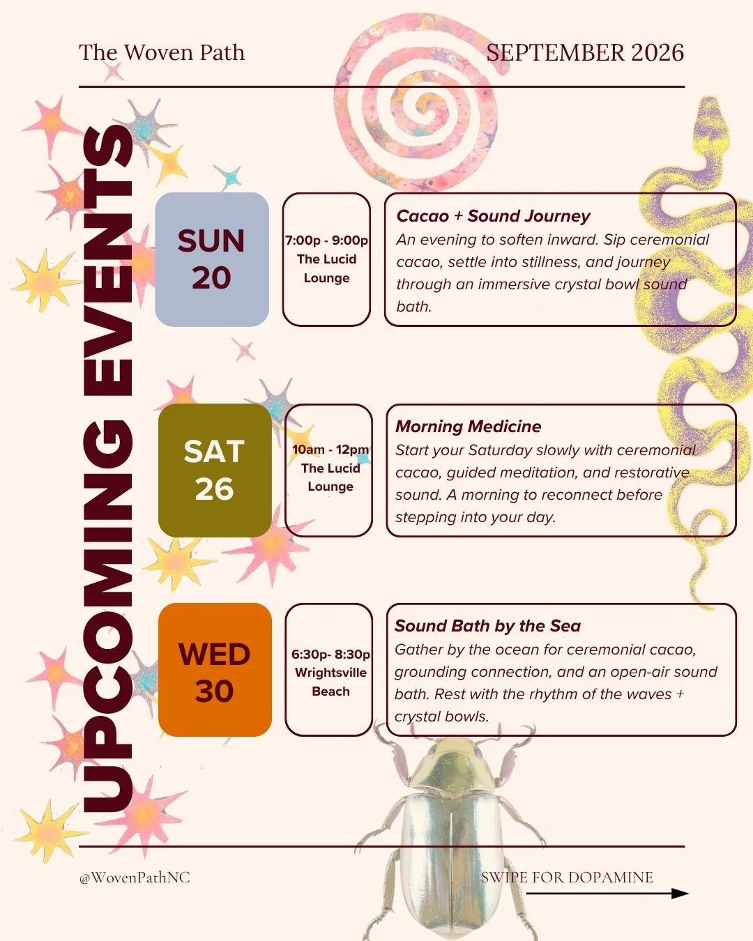 The Woven Path is back outside. And inside. And apparently wherever the cacao tells us to go.

(not me disappearing since July and then crawling back onto your feed with cacao, sound bowls &amp; a suspicious amount of whimsical creatures 🐇🪲✨)

Sept