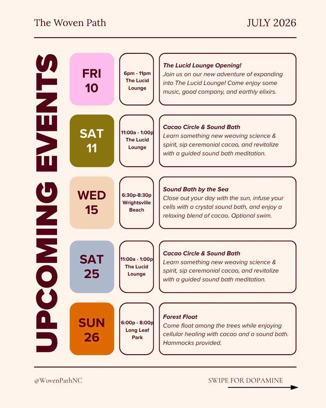 🌀 JULY EVENTS ✨

I hope everyone had a safe &amp; fun holiday weekend!! This month is filled with so much joy and exciting new adventures! 

Join me in the new lounge space at @lucidloungeilm , meet me on the beach, or back with the trees.
Find a pl