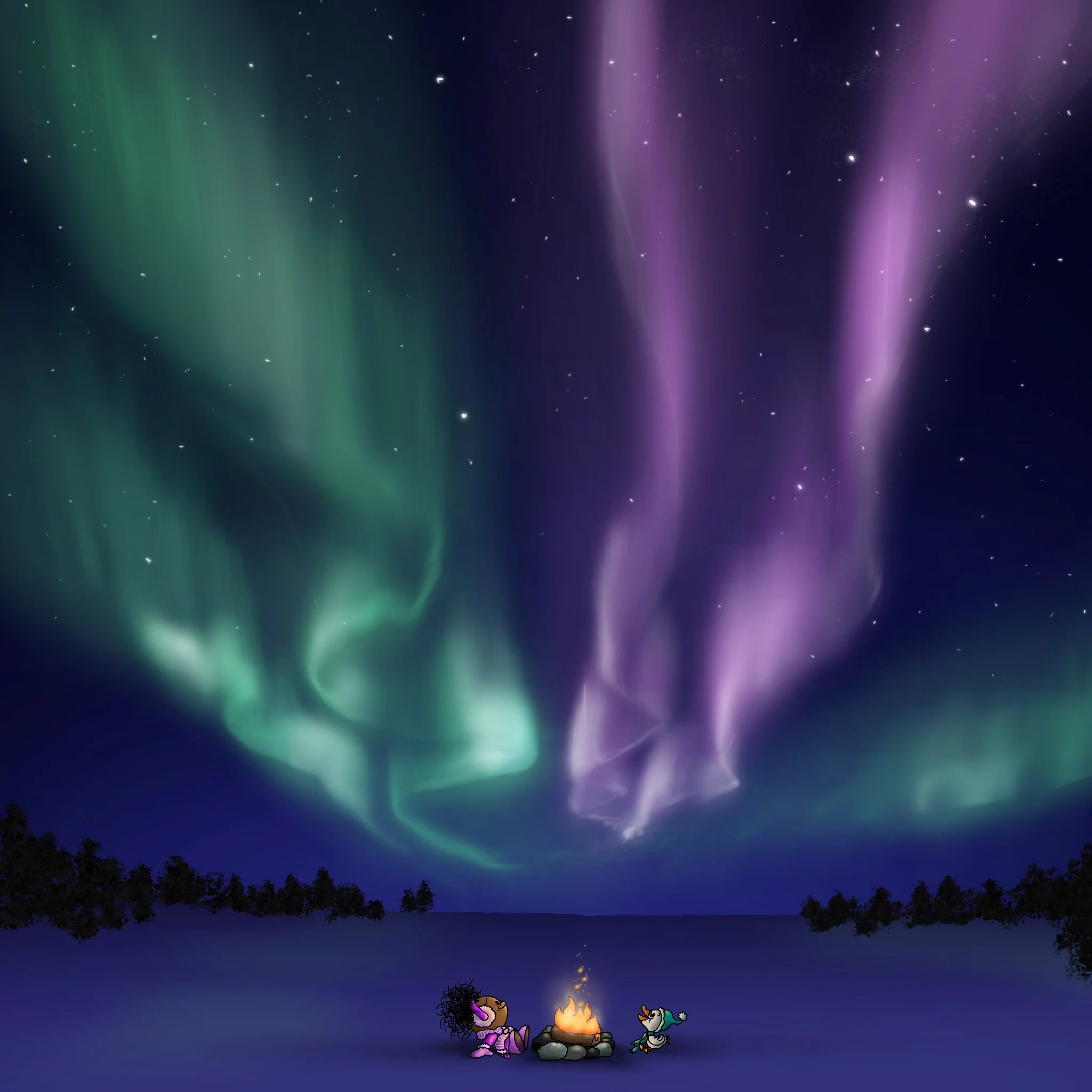 Monster and Goosey enjoying the Northern Lights