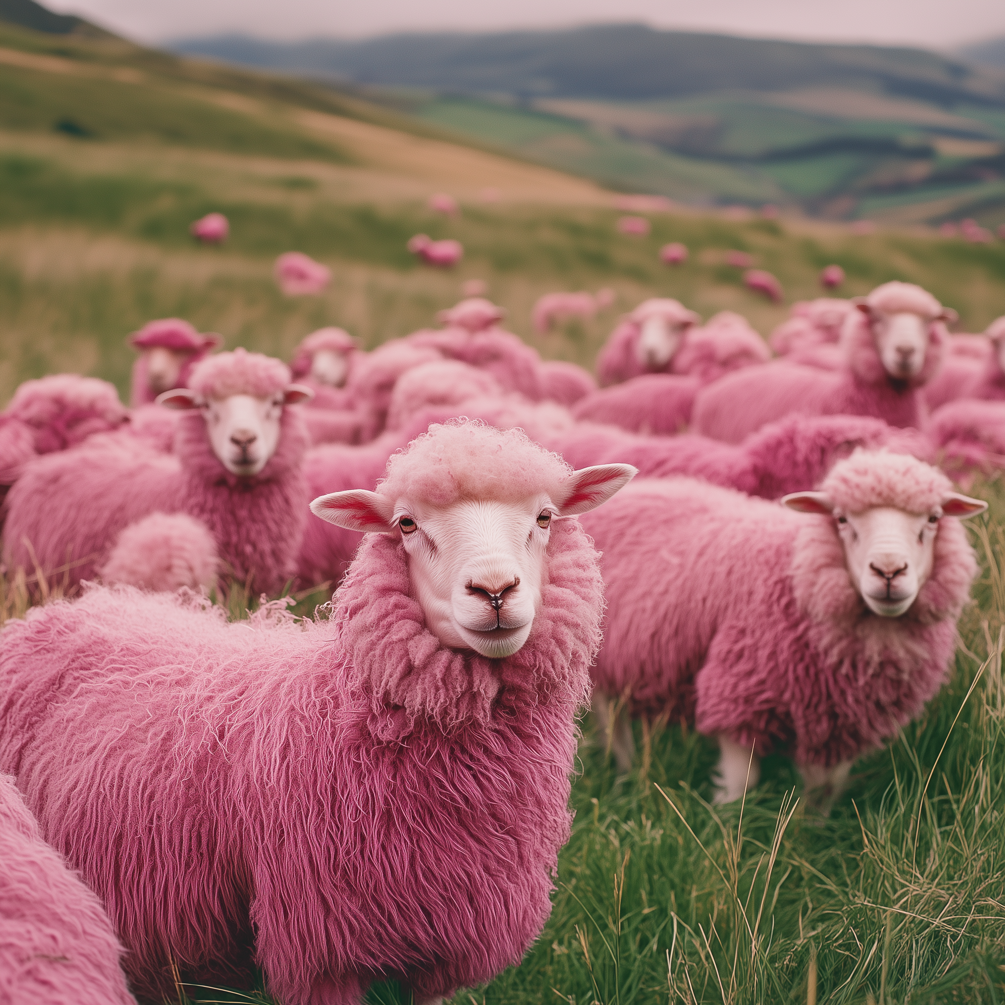 cuubeson_a_photo_of_a_herd_of_pink_sheeps_on_a_green_field._Vog_677acb91-4568-4d55-b0a5-d924b7629d23.png