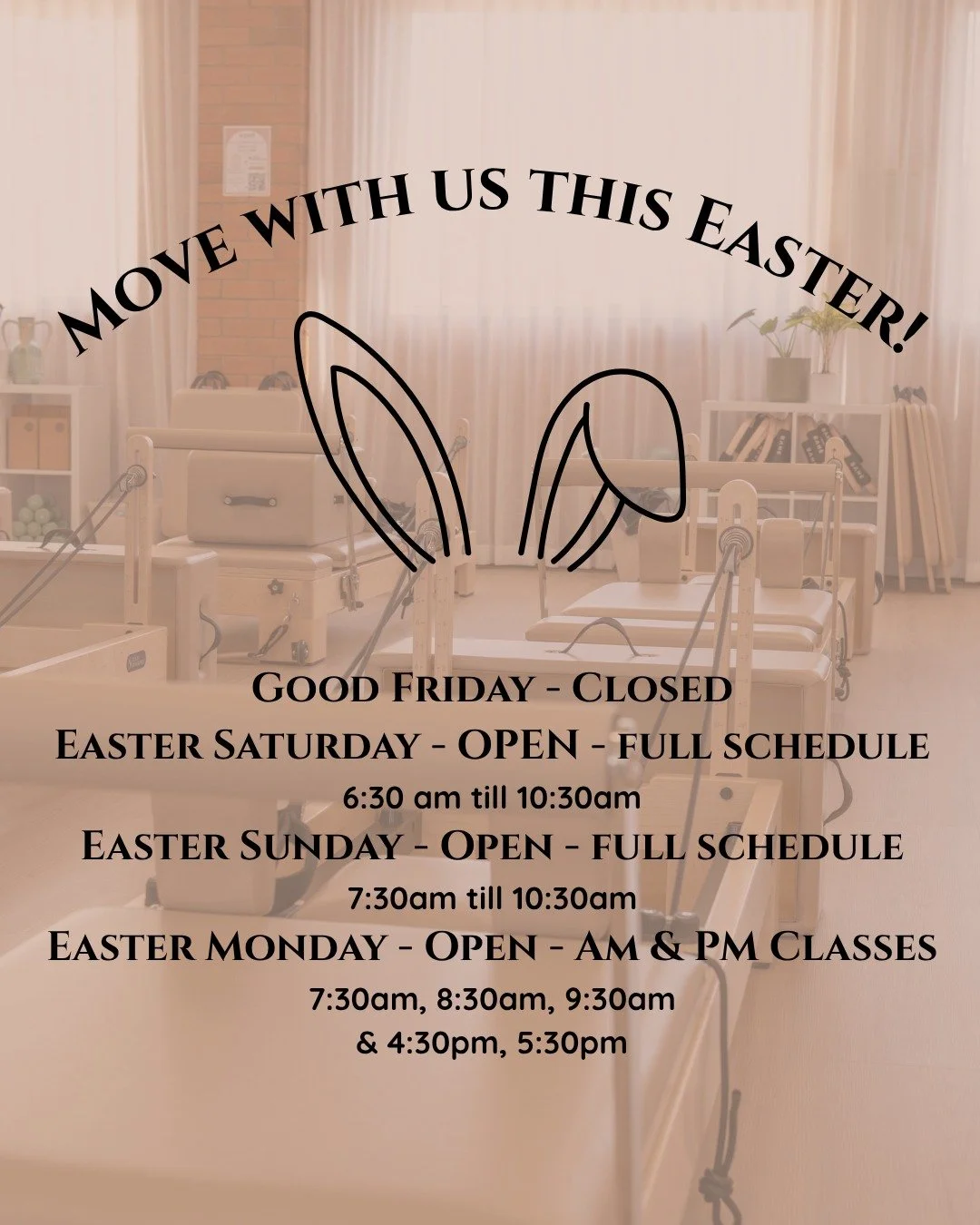 Easter Schedule - Come Move with us over the Long Weekend!

Good Friday - Closed
Easter Saturday - Open will full class schedule starting at 6:30am
Easter Sunday - Open with full class schedule starting at 7:30am
Easter Monday - Open with Pubic Holid