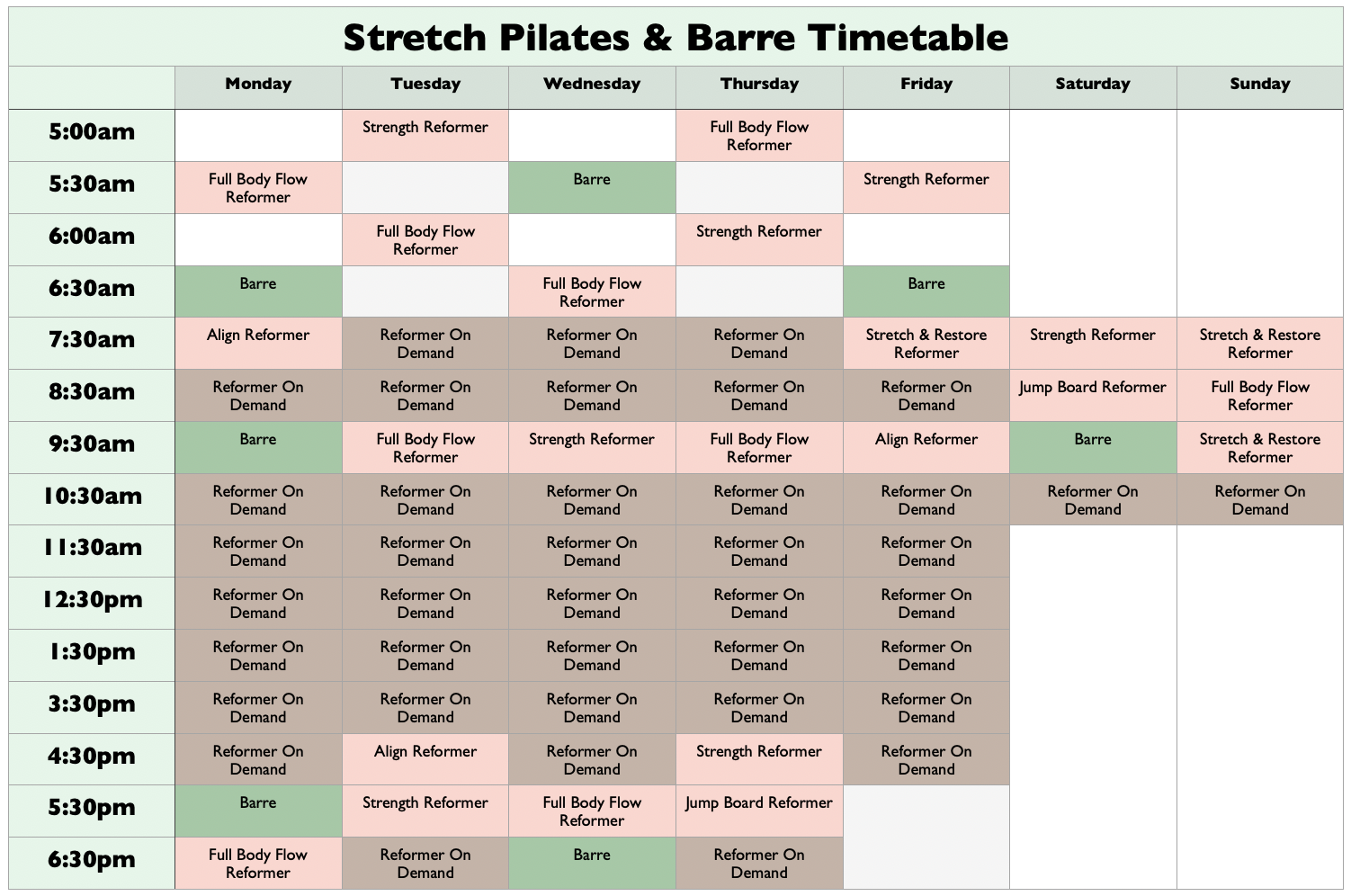 Schedule for stretch Pilates and Barre classes from Monday to Sunday, showing class names and times arranged in a table with columns for days of the week and rows for time slots from 5:00 am to 6:30 pm.