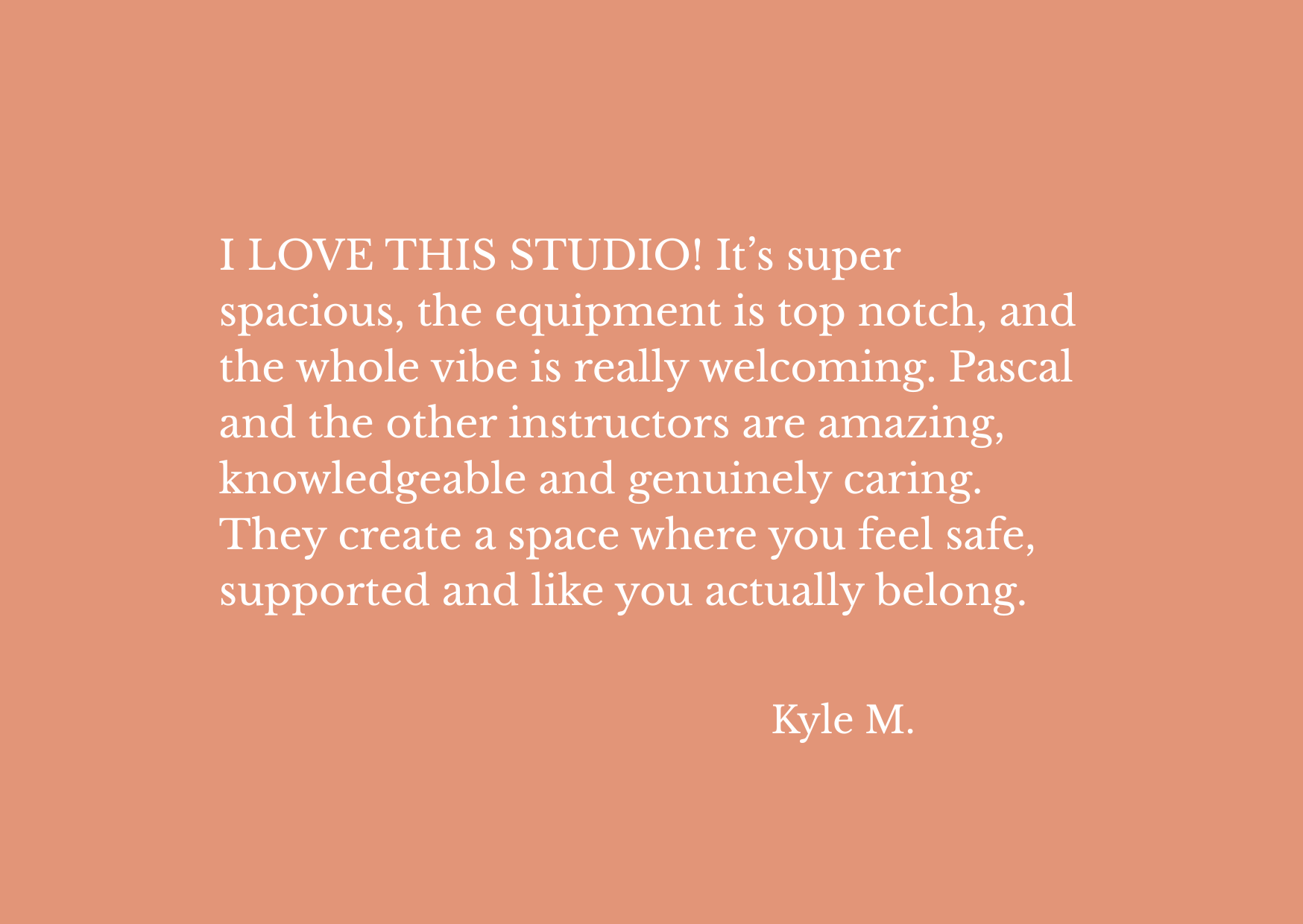Testimonial praising a dance studio with a warm peach background and white text