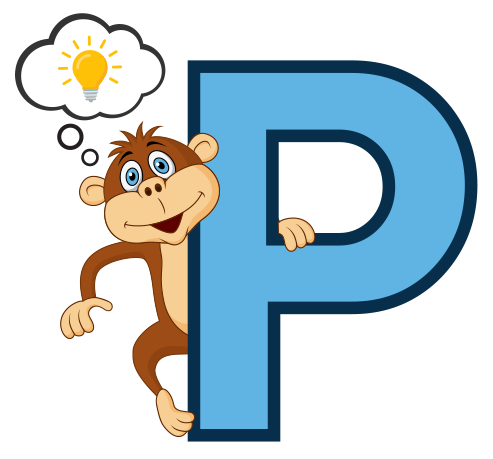 Cartoon monkey peeking out from behind a large blue letter P with a lightbulb thought bubble above its head.