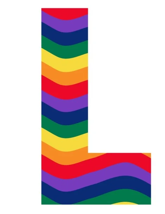 A large, colorful letter 'L' with a rainbow pattern of red, purple, dark blue, green, yellow, and orange, featuring wavy stripes.