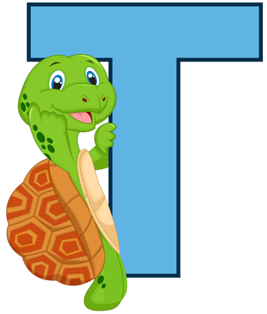 Cartoon illustration of a green turtle with a friendly face, standing next to a large blue letter T.