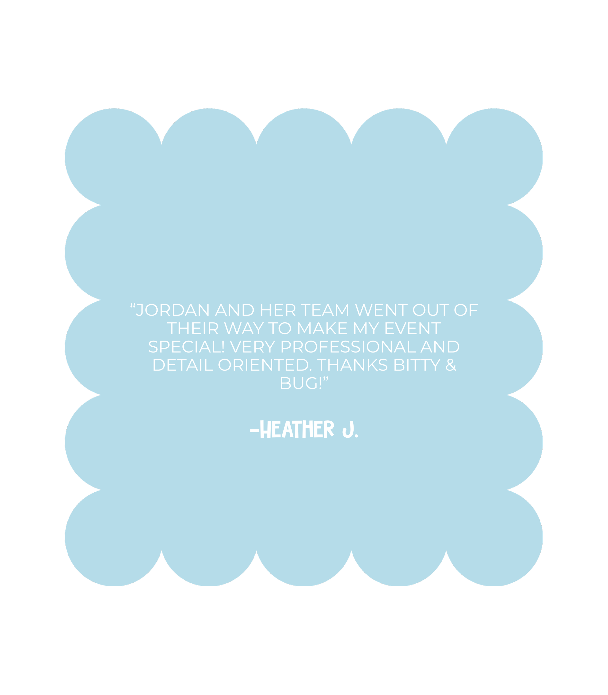 Testimonial quote on a blue cloud-shaped background praising a balloon arrangement from Jordan for a son's first birthday party.