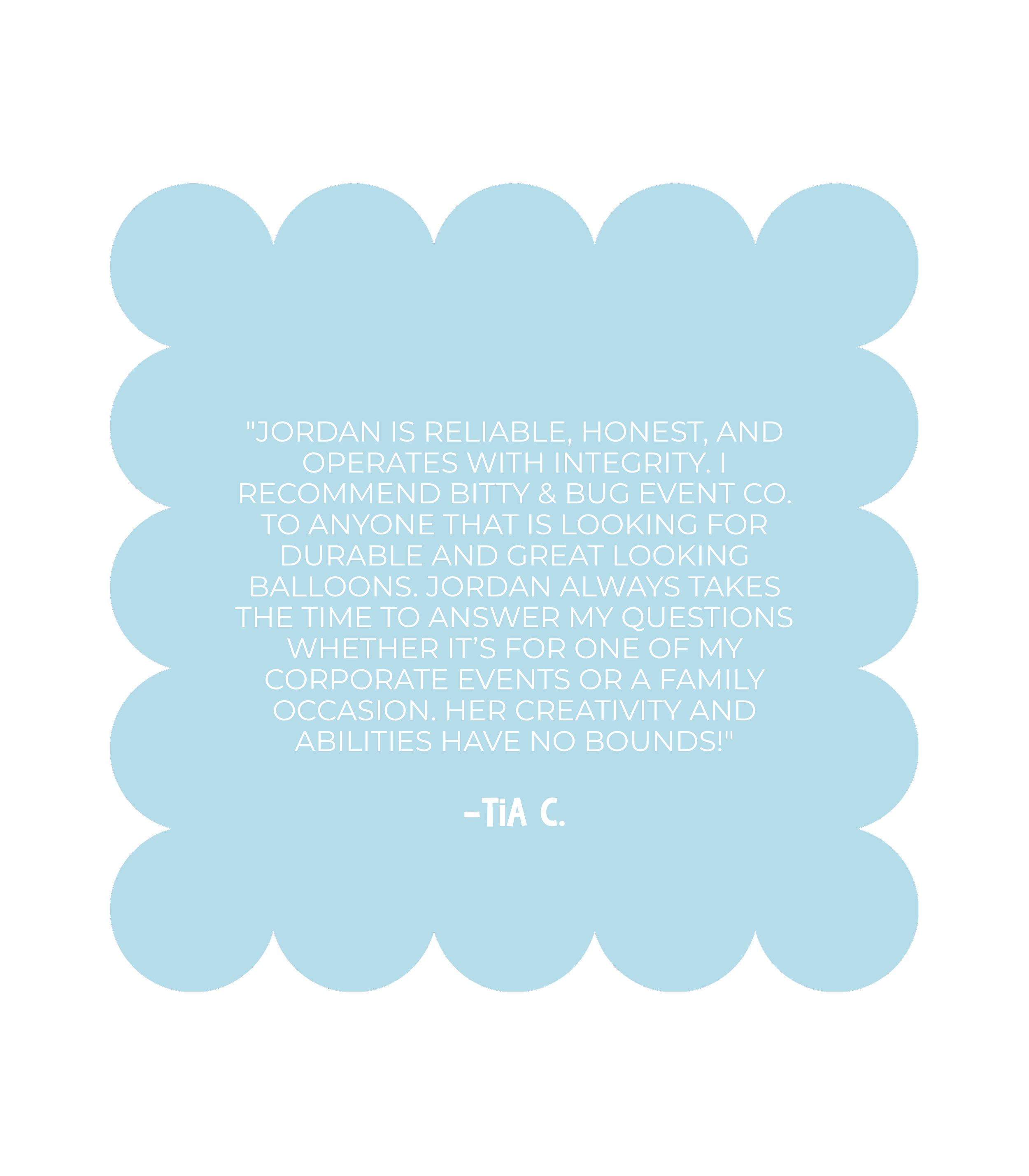 A light blue cloud-shaped graphic with a quote from Jeanne S. praising Jordan's performance, in white text.