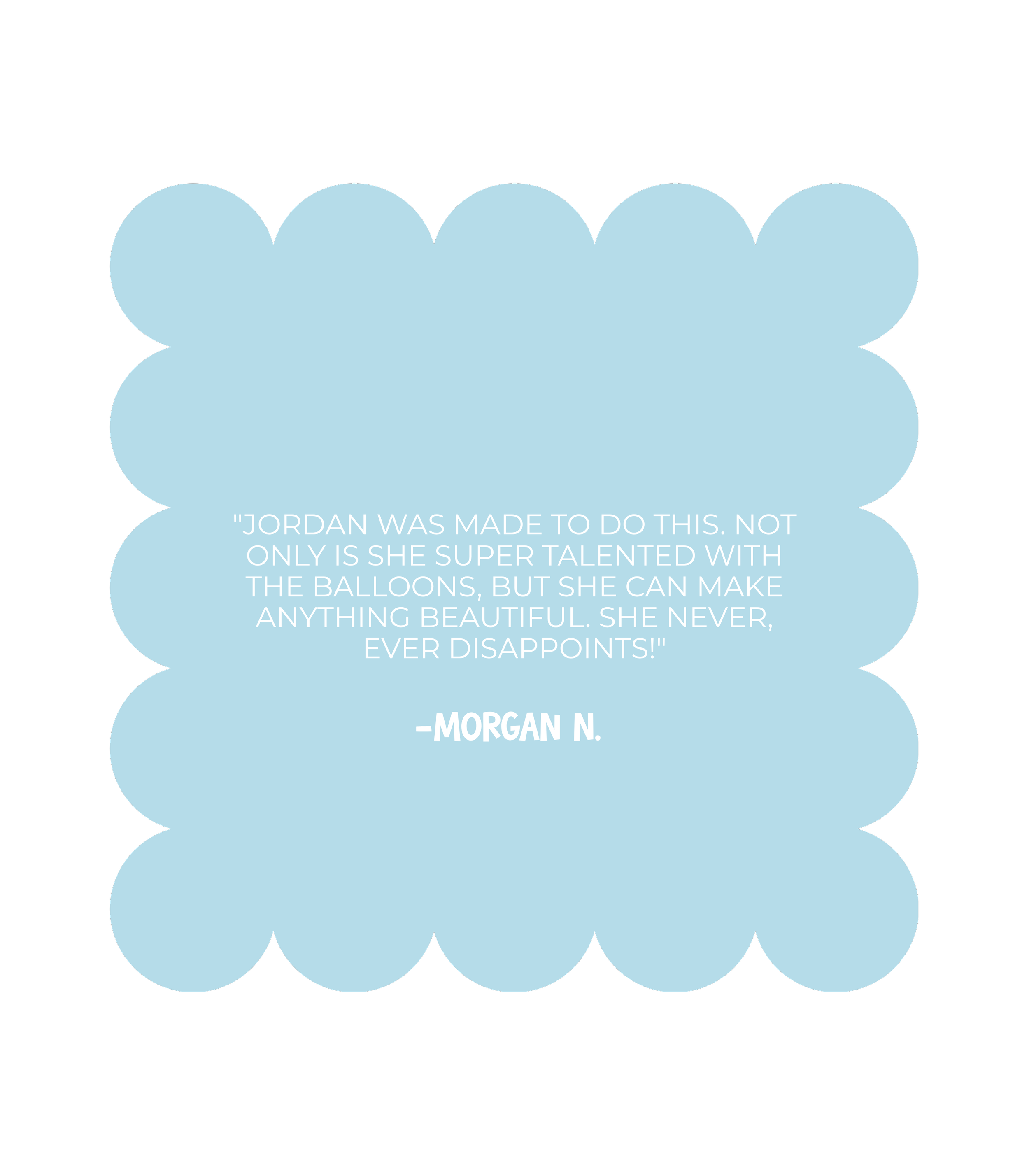 Blue scalloped speech bubble with a quote: 'Phenomenal experience working with Bitty & Bug!' by Allison C.