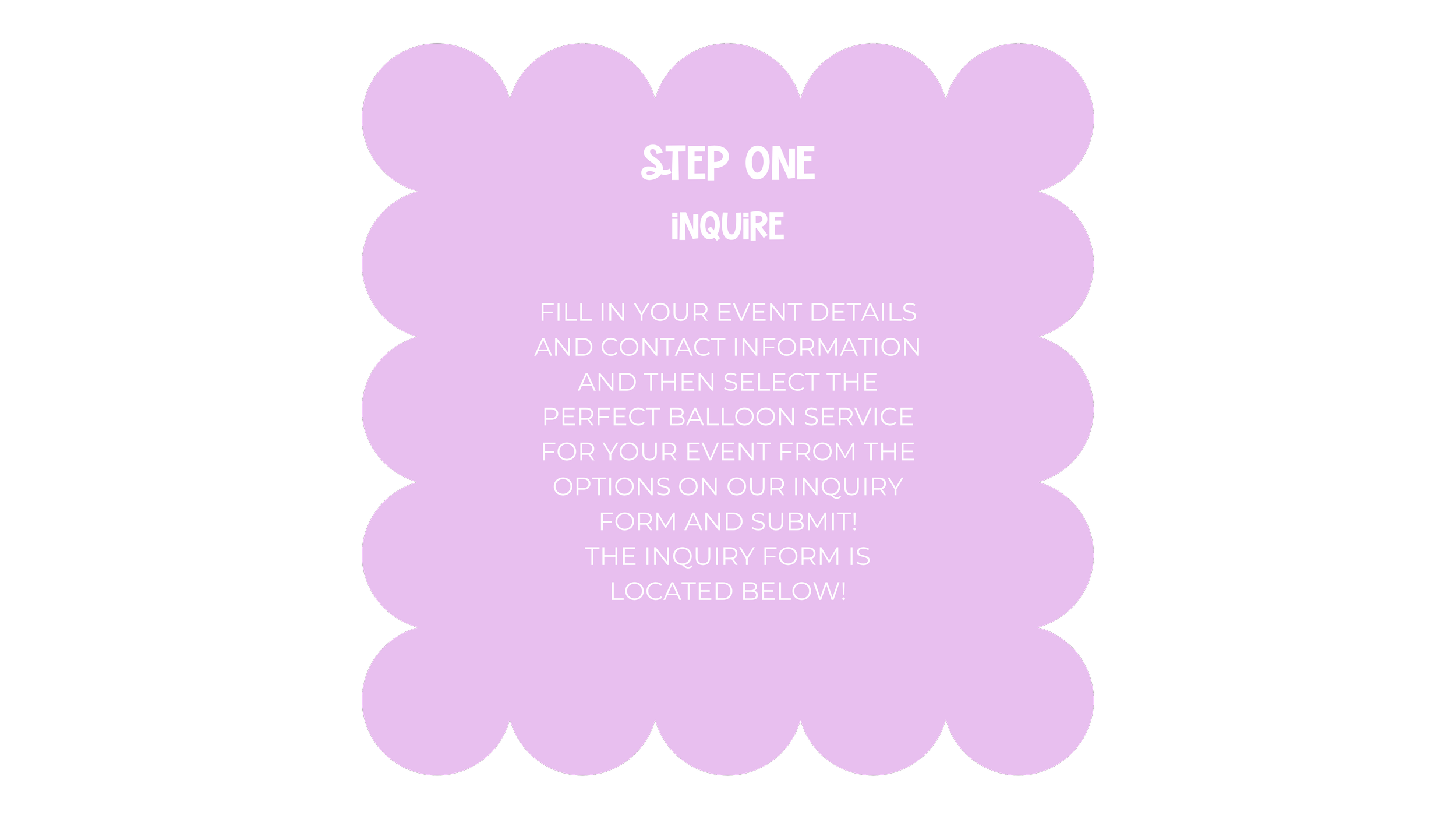 Pink scalloped background with white text outlining steps to inquire about a balloon service, including filling in event details and submitting an inquiry form.