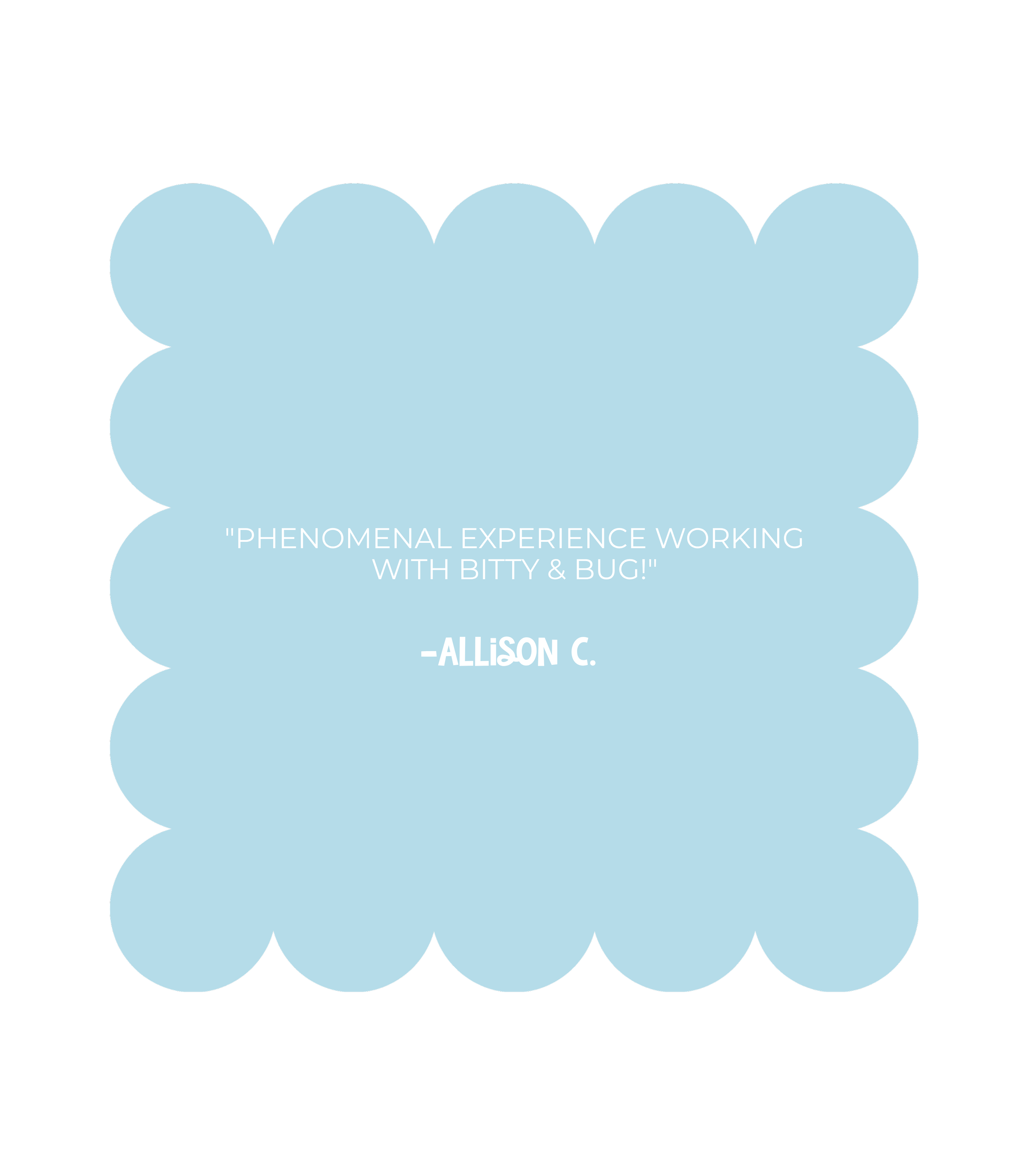 A light blue cloud-shaped graphic with a handwritten review praising a person named Paige A for her creativity and professionalism in event planning.