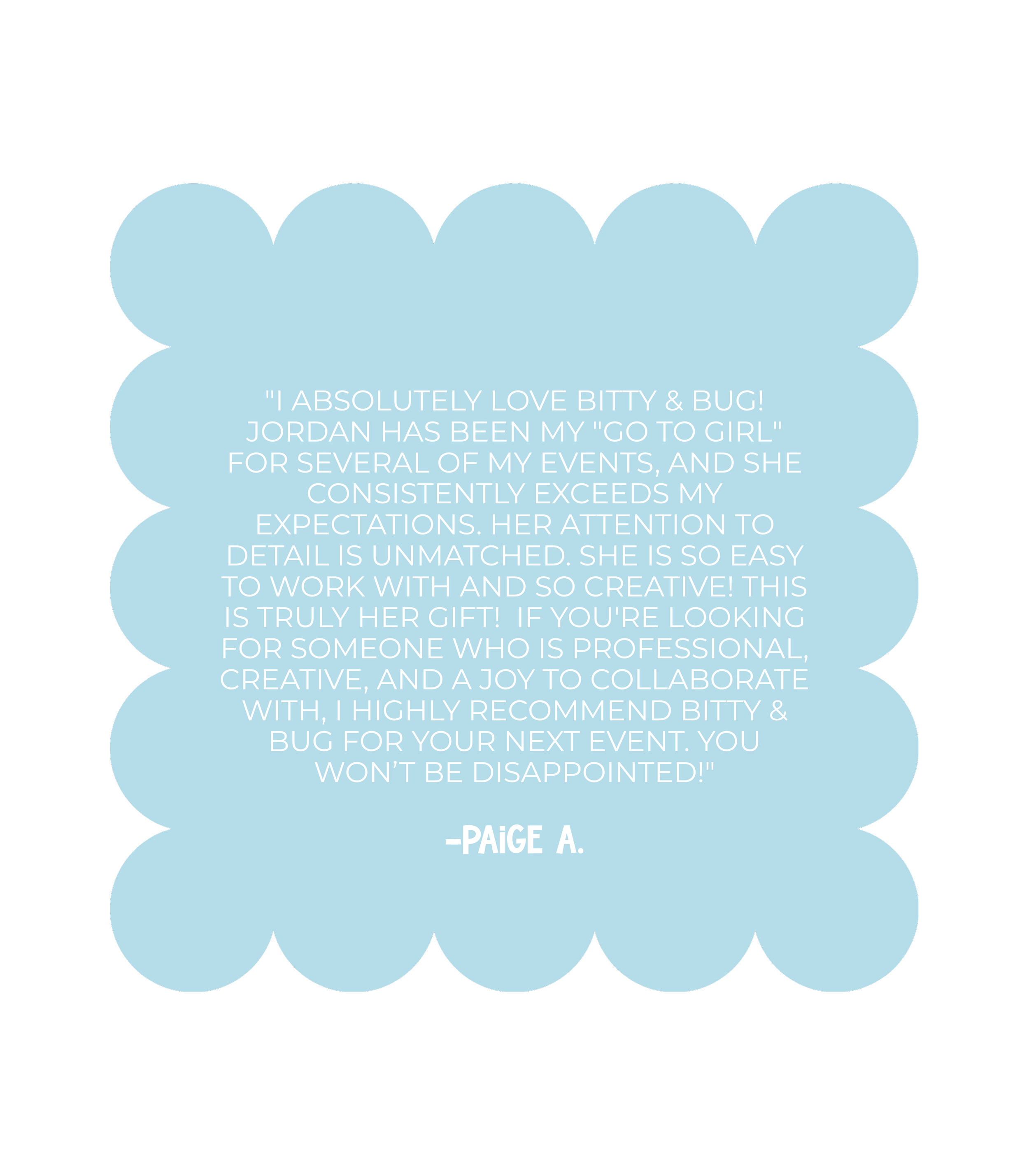 Customer review in a light blue scalloped speech bubble, praising someone named Jordan for creating balloons for a birthday theme, with a quote about the balloons and a five-star recommendation.