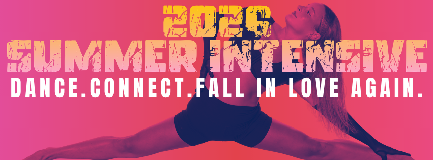 A young woman dancing in a split position against a pink background, with text promoting a 2026 summer intensive dance program.