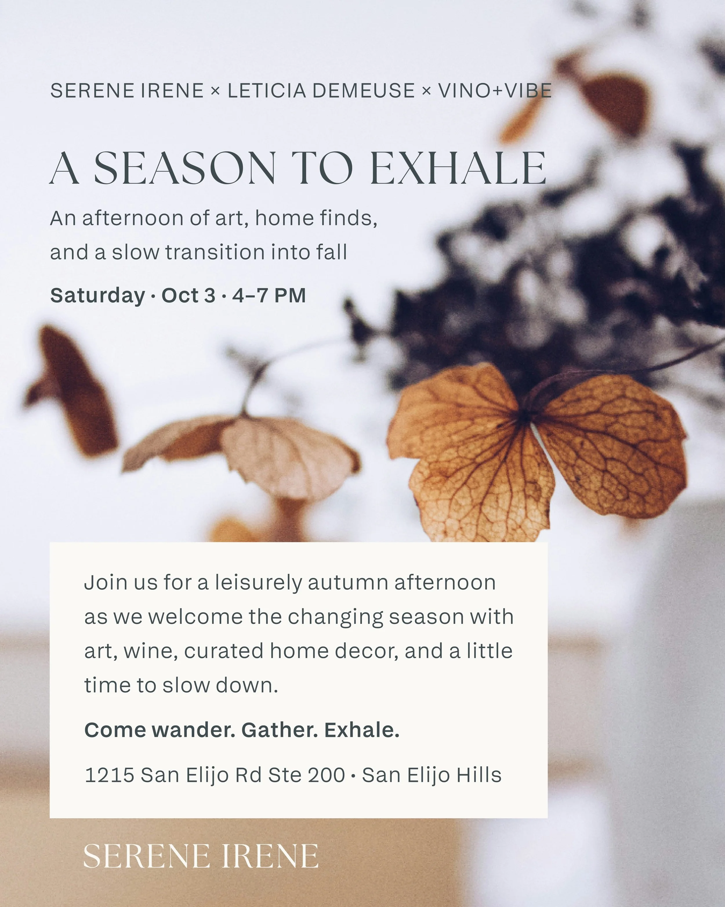 A SEASON TO EXHALE 🍂
An afternoon of art, home finds, wine, and a slow transition into fall.

Join Serene Irene &times; Leticia Demeuse &times; Vino+Vibe on Saturday, October 3 from 4&ndash;7 PM for a leisurely autumn afternoon celebrating creativit